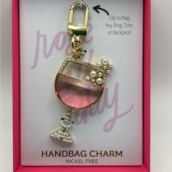 True To Form Accessories - True to Form Pink/Gold Tone Rose All Day Wine Glass Handbag Charm